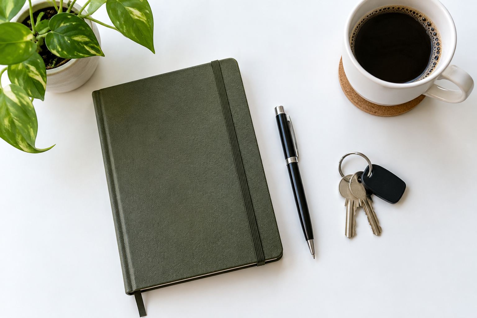 Desk flat-lay, illustrative