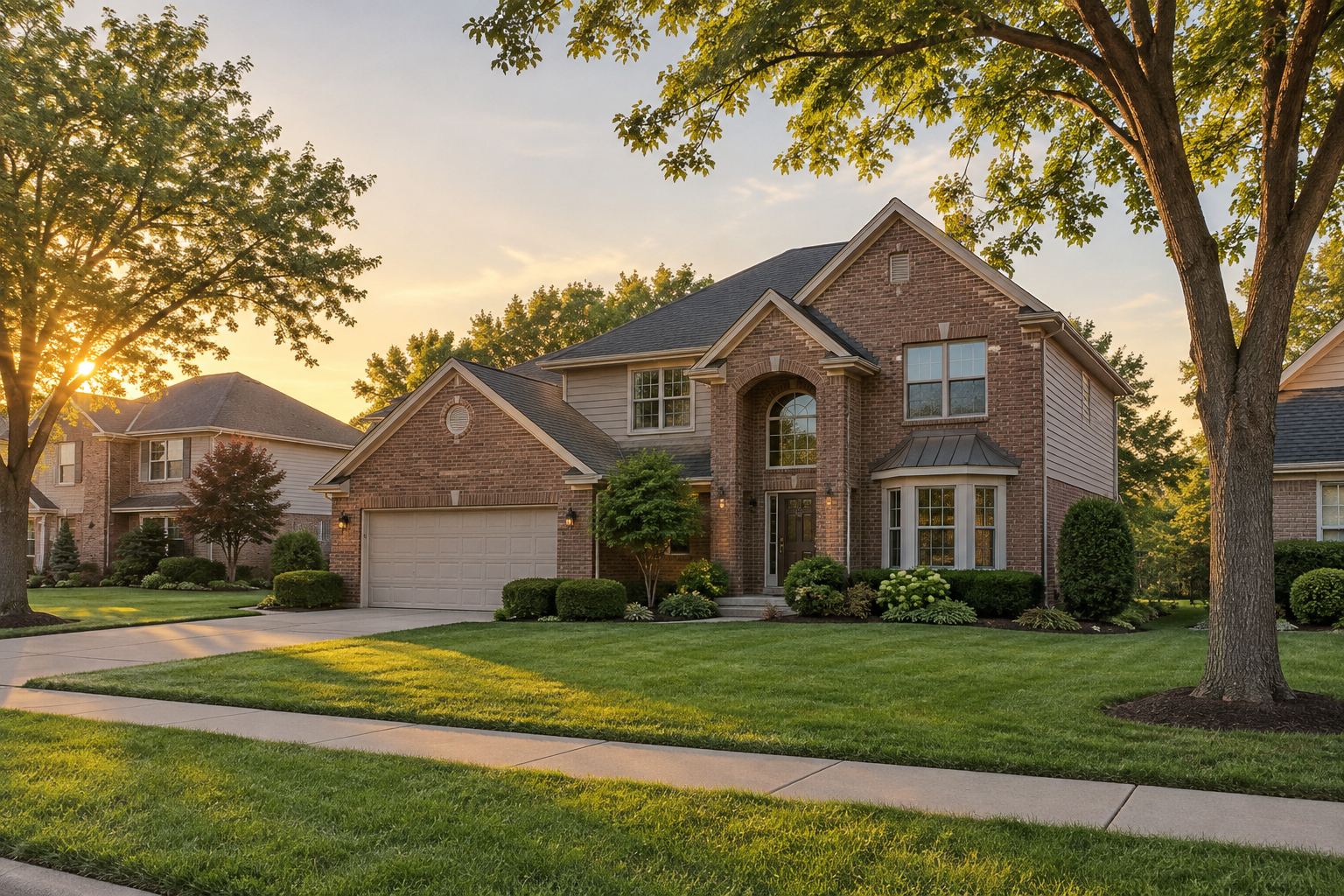 A brick Northwest Indiana home with a tree lined yard, illustrative