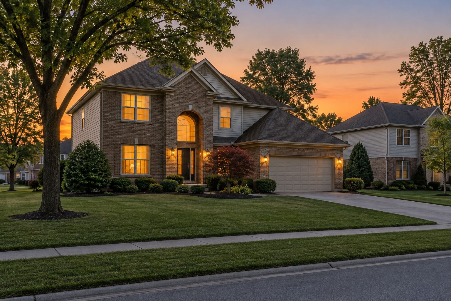 A Lake County home at dusk, illustrative