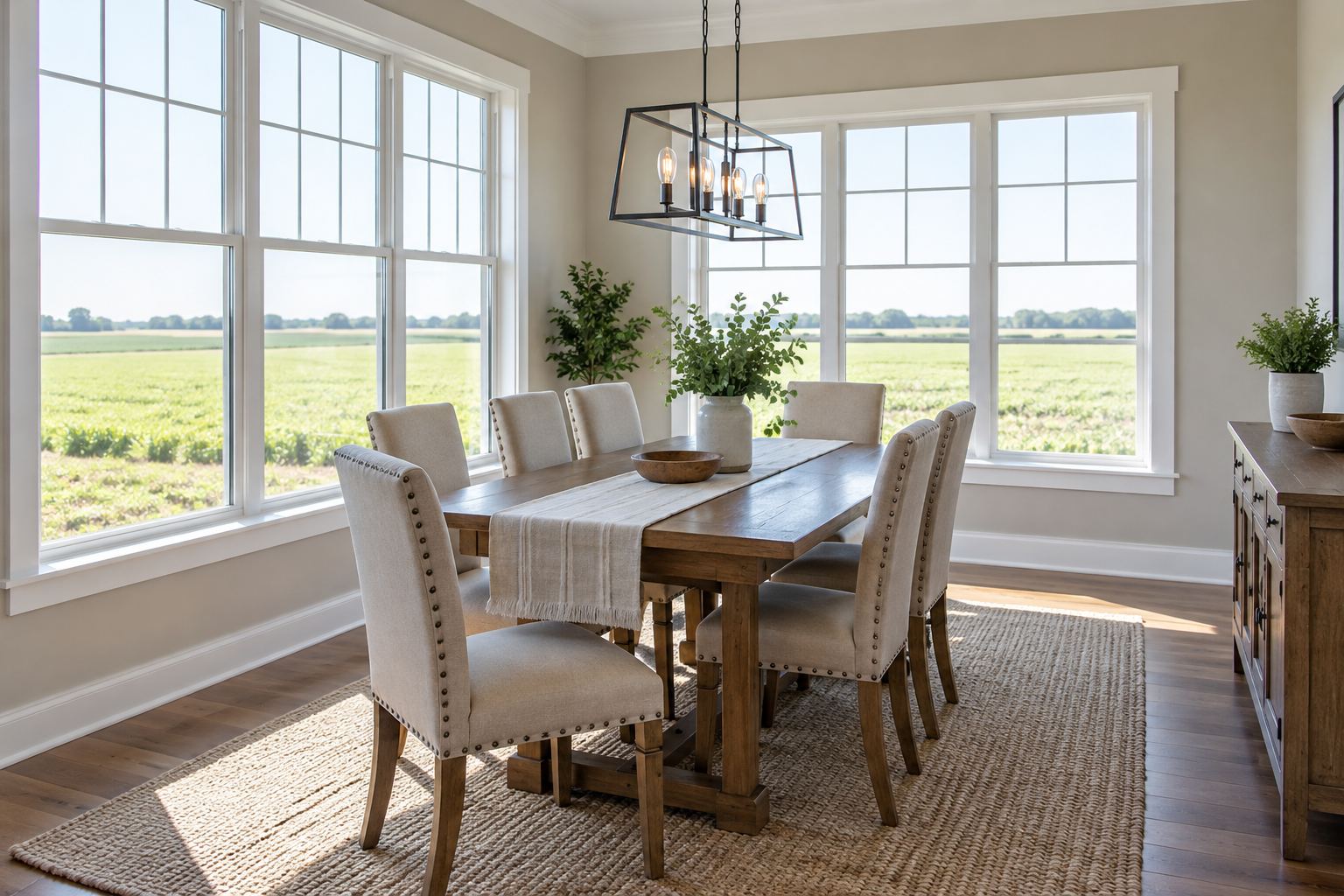 A bright dining room, illustrative